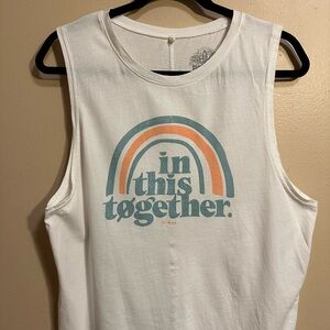 prAna White Graphic Muscle Tank, In This Together Rainbow Print, Size L